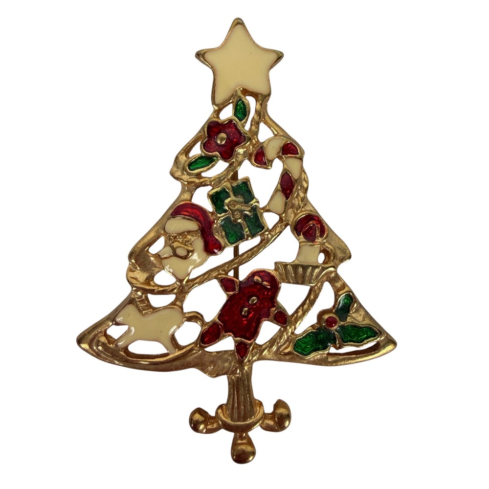 Vintage Gold Tone Enamel Christmas Tree Brooch Santa Gingerbread Holiday Pin